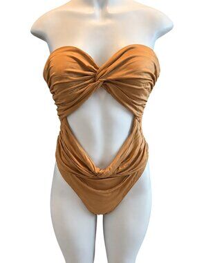Adley Knot Front Camel Bodysuit XL By Bardot Strapless Ruched Design 100% Viscos